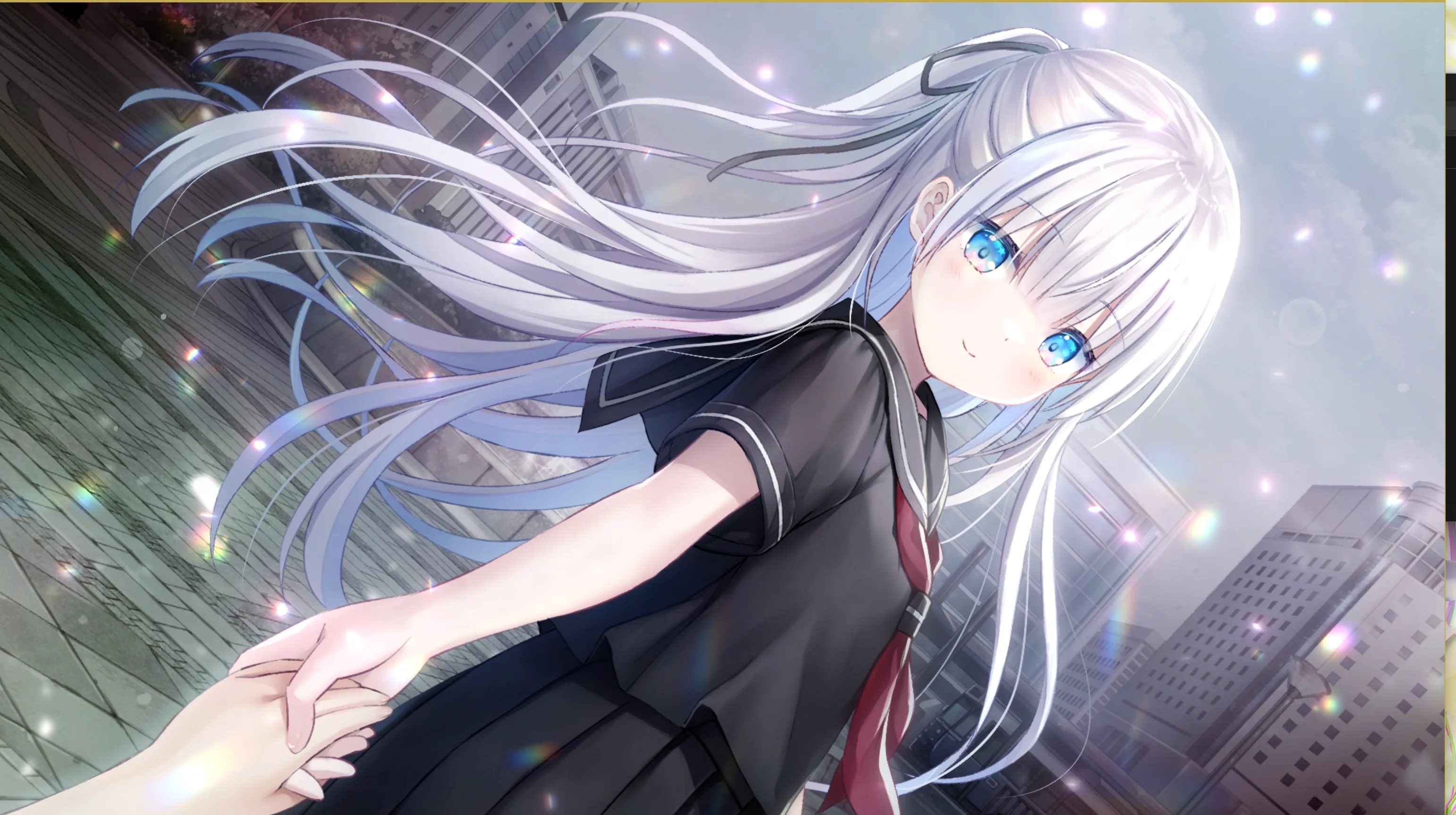 雨后街道上牵手的白发少女
