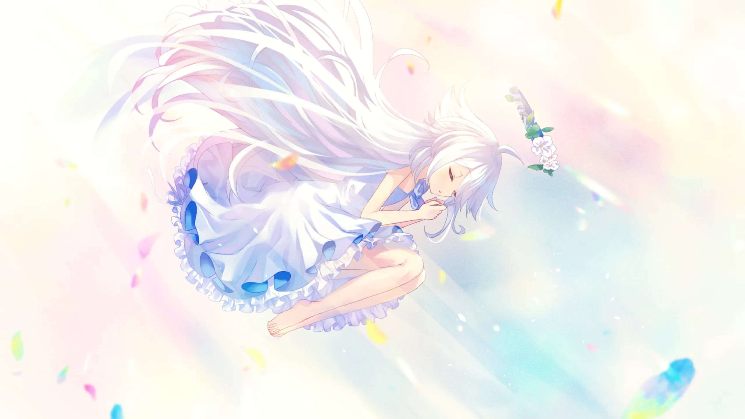 首页横幅：花瓣光影中的白发少女
